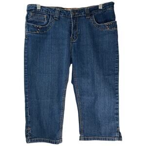 Out Jeans Dark Blue Denim Capri Pants Rhinestone Pockets Size 10